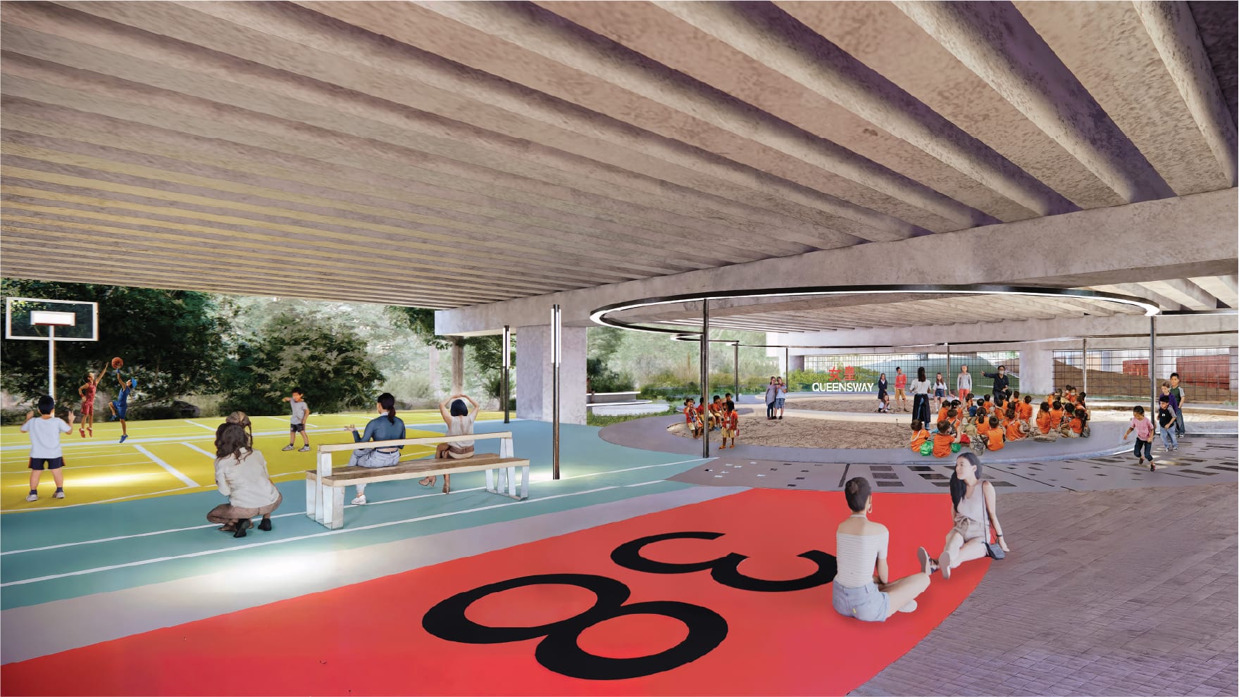 3D render of transformed space underneath expressway viaduct into public space